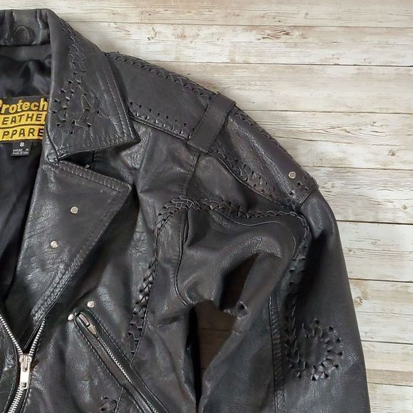 Vintage Leather Protech Cropped Laced Braided Woven Studded Biker Moto Jacket‎ 8 - Picture 3 of 16